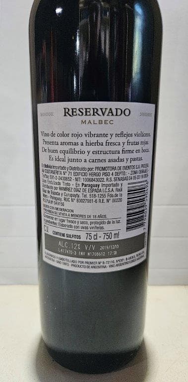 288 BOTELLAS DE VINO DE 750 ML CON LA INSCRIPCION RESERVADOS MALBEC 2019 – CONCHA Y TORO - TRIBUTAN IVA ALICUOTA 21% - SE VENDE EN EL ESTADO EN EL QUE SE ENCUENTRA Y EXHIBE 21042GSM000325