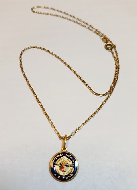 UN CONJUNTO DE COLLAR Y COLGANTE REALIZADO EN ORO KTE 18 CON ESMALTE PESO TOTAL APROX. 3.7 GRS MEDIDA DEL COLLAR 42 CM