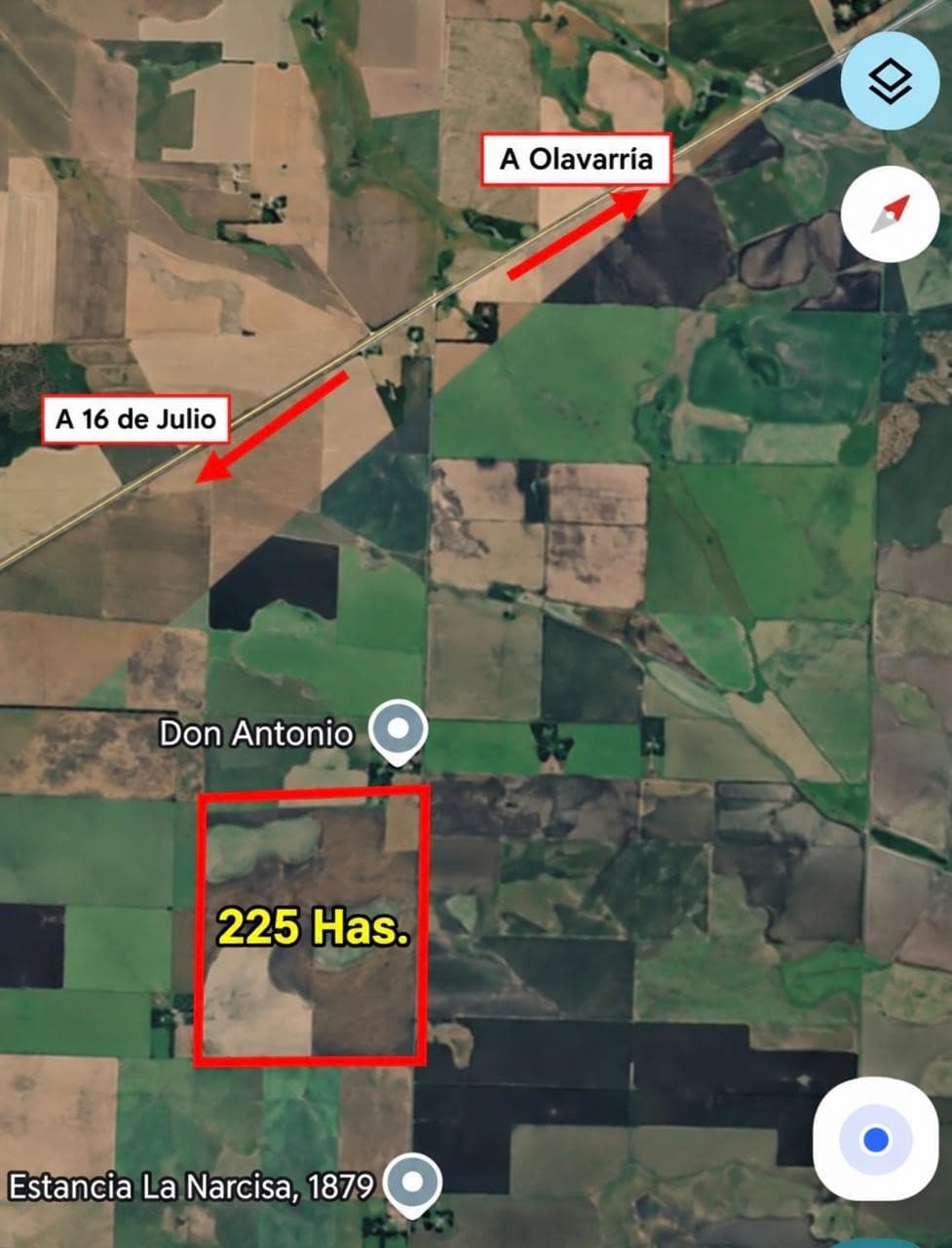 100 % Fracción de campo 225 has. en 16 de Julio, Pdo. de Azul. Ocupada por locatarios.