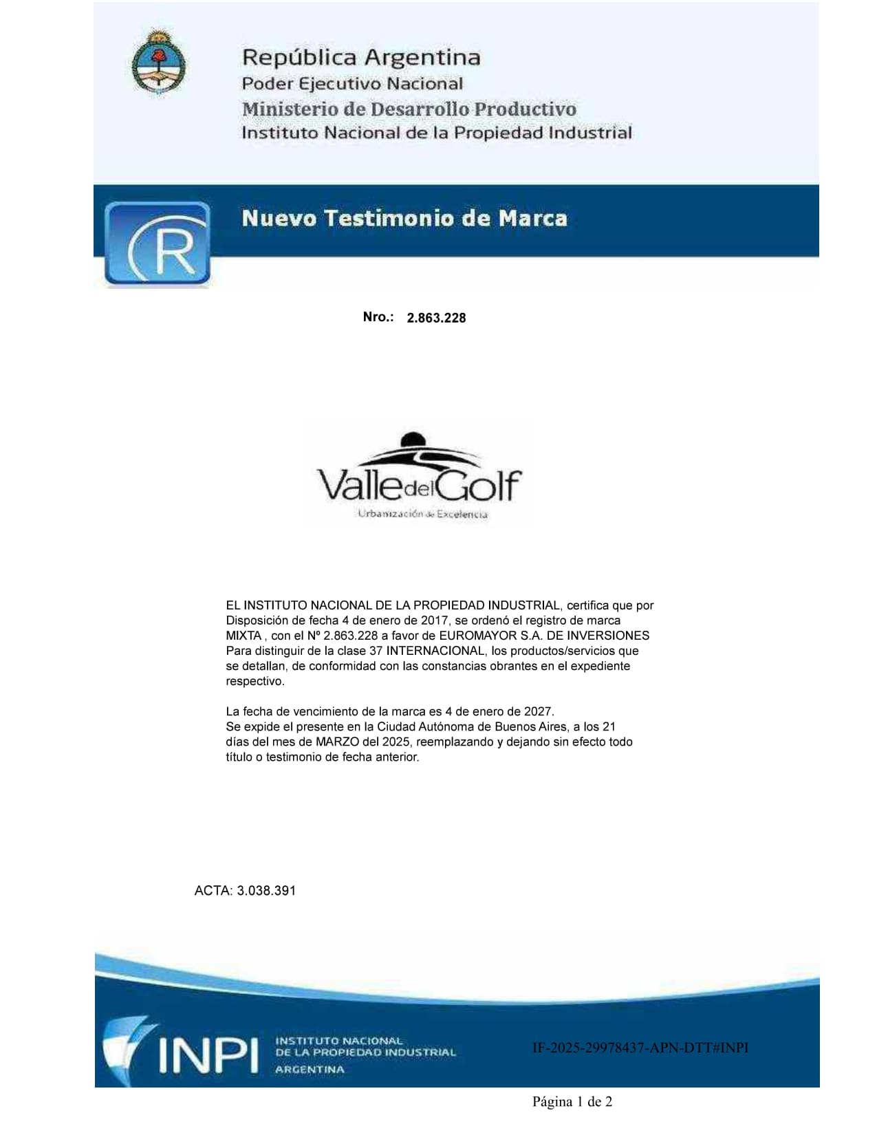 MARCA  ''VALLE DE GOLF''