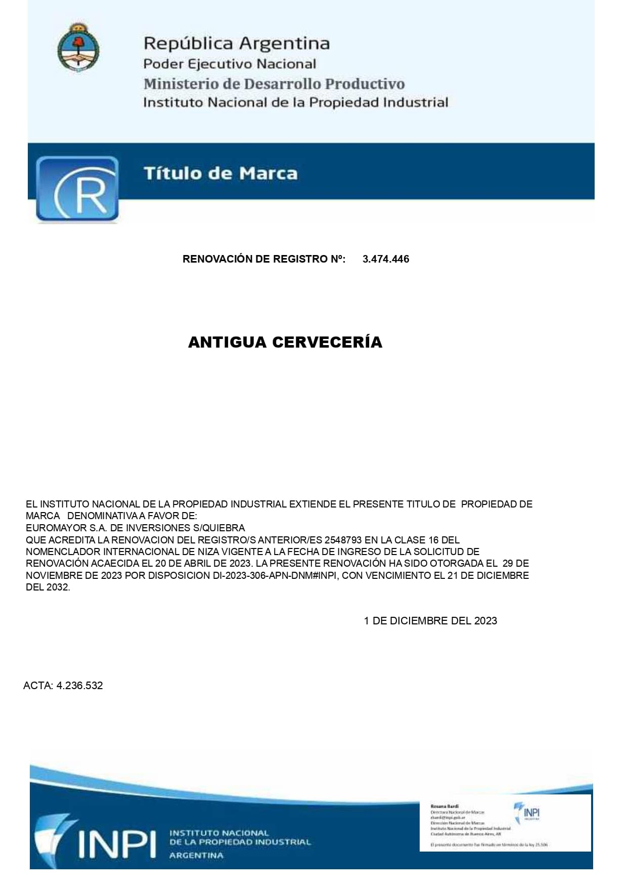 MARCA  ''ANTIGUA CERVECERÍA''